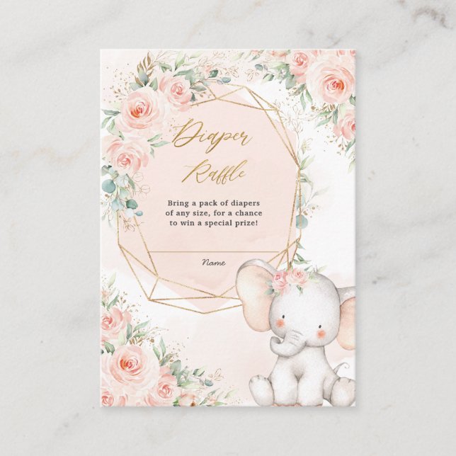 Blush Pink Floral Cute Baby Elephant Diaper Raffle Enclosure Card (Front)