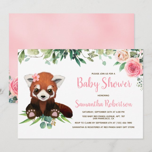 Blush Pink Floral Cute Bear Girl Baby Shower Invitation (Front/Back)