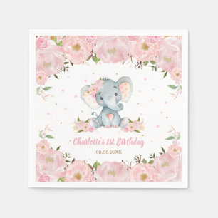 Blush Pink Floral Cute Elephant 1st Birthday Party Napkin