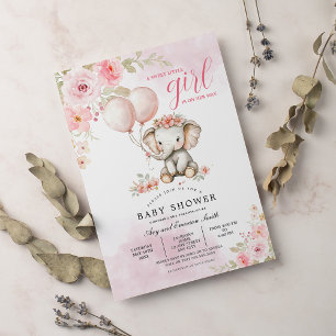 Blush Pink Floral Cute Elephant Baby Shower Invitation