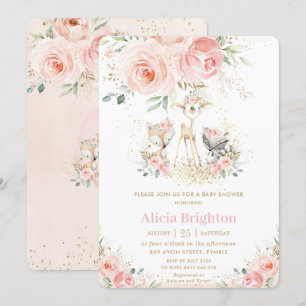 Blush Pink Floral Cute Woodland Girly Baby Shower Invitation