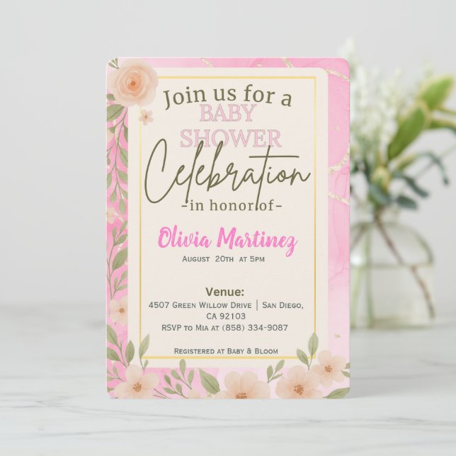 Blush Pink Floral Design Baby Shower Invitation (Standing Front)