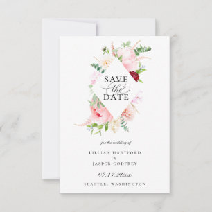 Blush Pink Floral Diamond Frame Save The Date Announcement