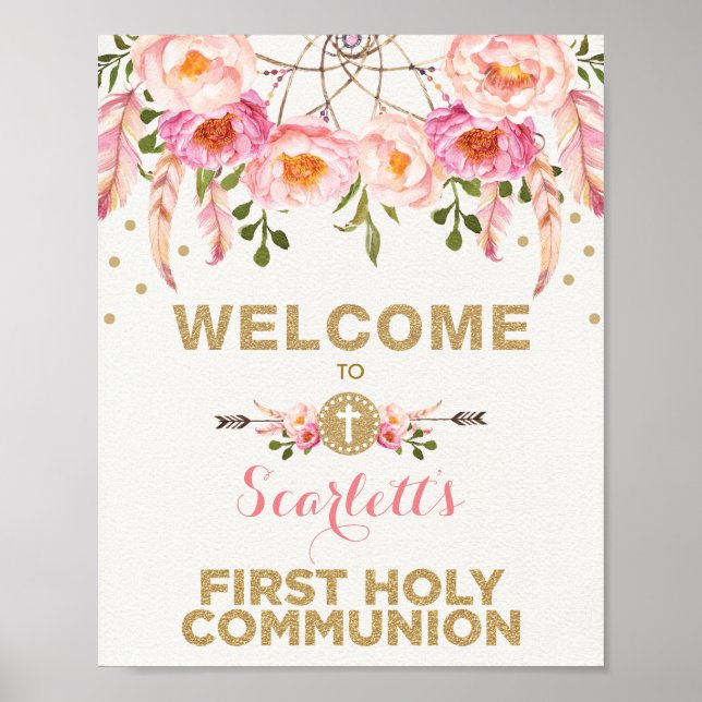 Blush Pink Floral Dreamcatcher Communion Welcome Poster (Front)