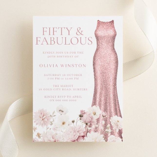 Blush Pink Floral & Dress 50th Birthday Party Invitation (Creator Uploaded)