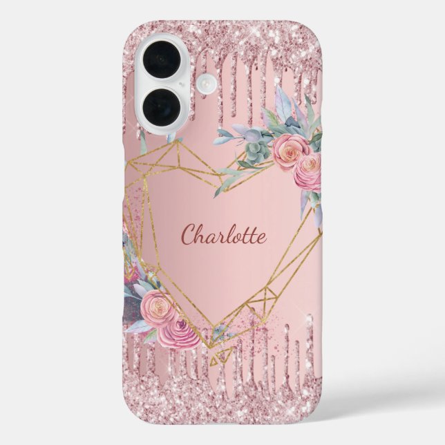 Blush pink floral drips monogram name Case-Mate iPhone case (Back)