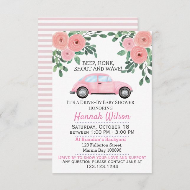 Blush Pink Floral Drive By Baby Shower Parade Invitation (Front/Back)