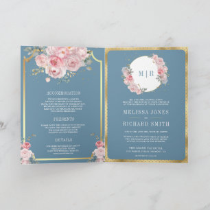 Blush Pink Floral Dusty Blue All in One Wedding Invitation