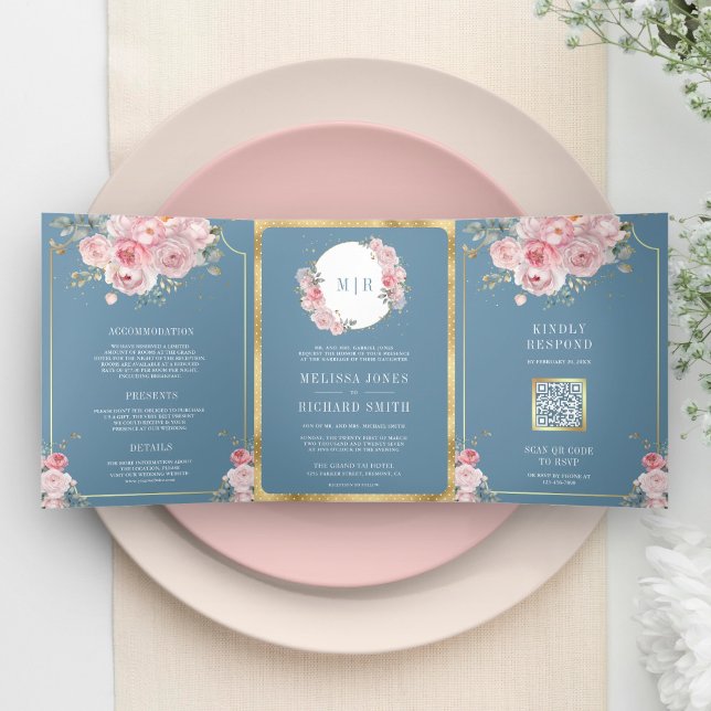 Blush Pink Floral Dusty Blue All in One Wedding Tri-Fold Invitation (Creator Uploaded)