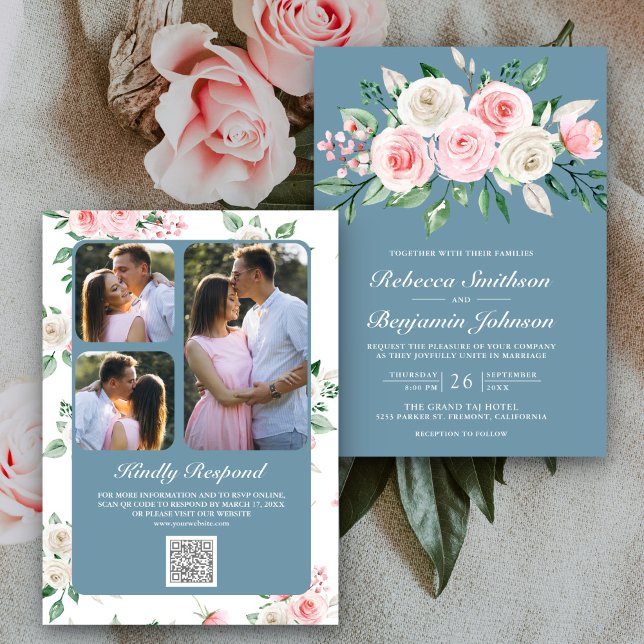 Blush Pink Floral Dusty Blue QR Code Wedding Invitation (Creator Uploaded)
