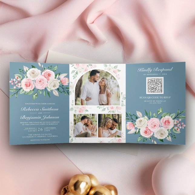 Blush Pink Floral Dusty Blue QR Code Wedding Tri-Fold Invitation (Creator Uploaded)