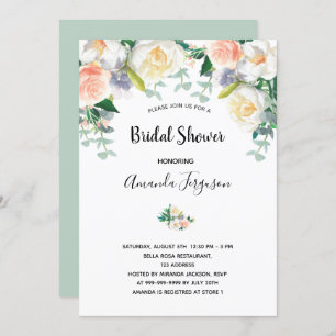 Blush pink floral eacalyptus green bridal shower invitation