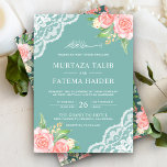 Blush Pink Floral Egg Shell Teal Muslim Wedding Invitation<br><div class="desc">Amaze your guests with this elegant wedding invite featuring beautiful flowers and lace with 'Bismillah' in Arabic calligraphy and modern typography. Simply add your event details on this easy-to-use template to make it a one-of-a-kind invitation. Flip the card over to reveal a beautiful floral pattern on the back of the...</div>