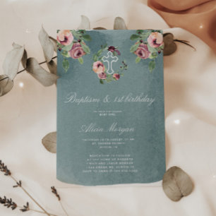 Blush Pink Floral Elegant Baptism First Birthday Invitation