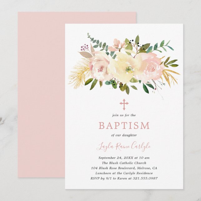 Blush Pink Floral Elegant Baptism Invitation (Front/Back)