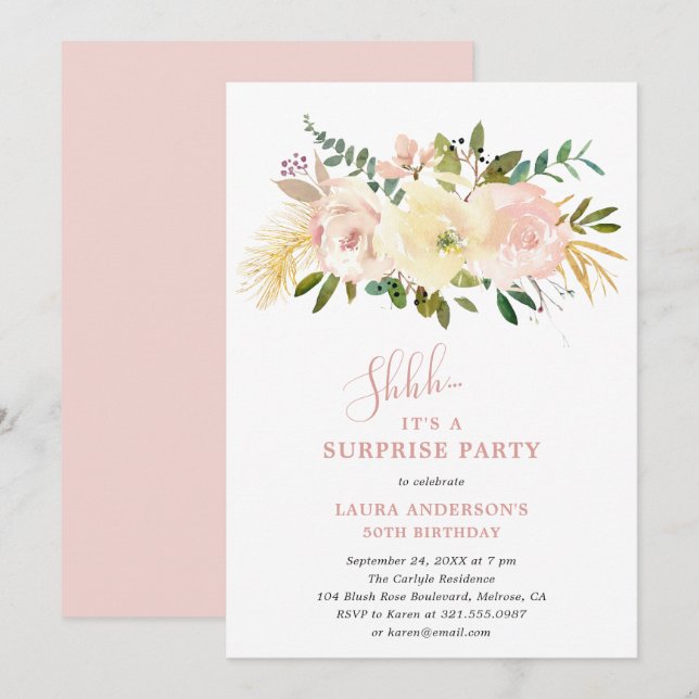 Blush Pink Floral Elegant Birthday Party Invitation (Front/Back)
