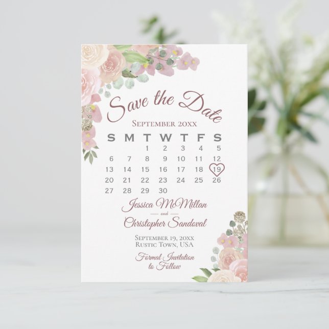 Blush Pink Floral Elegant Boho Wedding Calendar Save The Date (Standing Front)