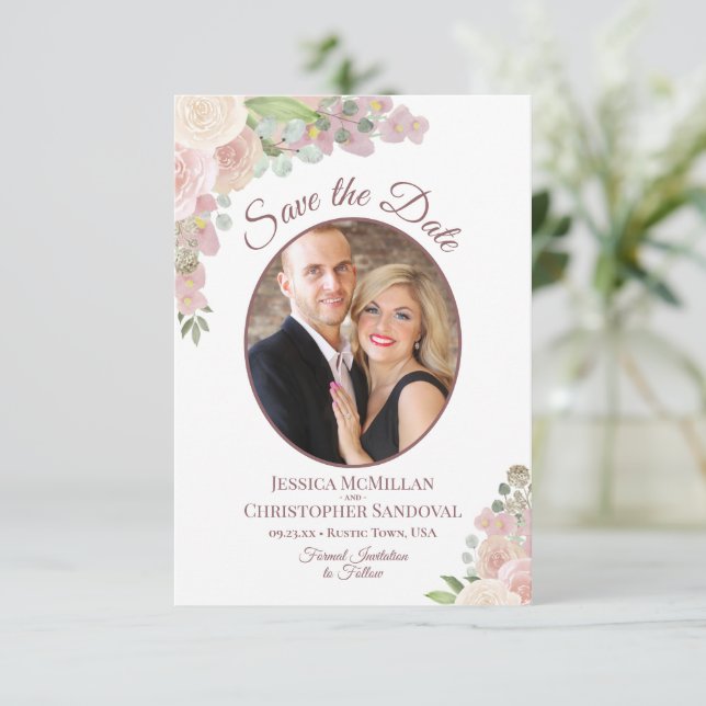 Blush Pink Floral Elegant Boho Wedding Photo Save The Date (Standing Front)