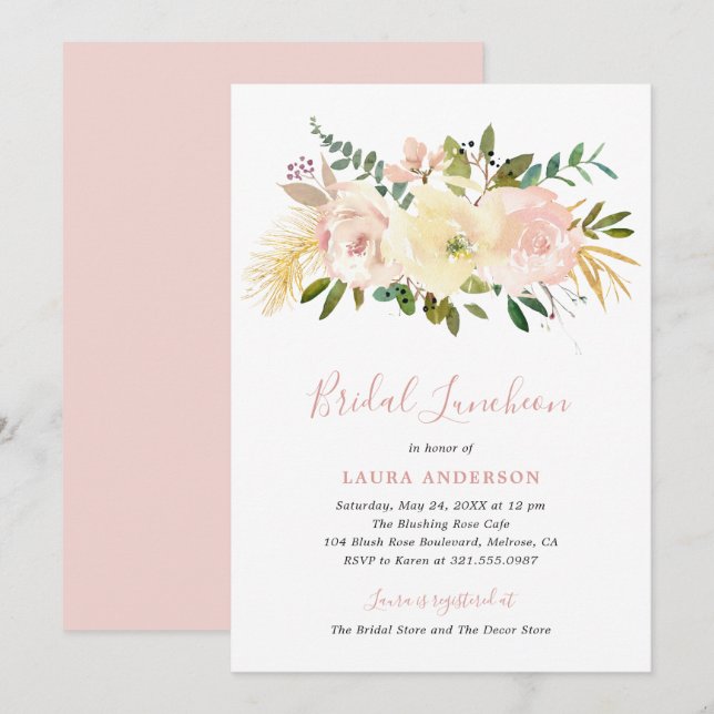 Blush Pink Floral Elegant Bridal Shower Invitation (Front/Back)