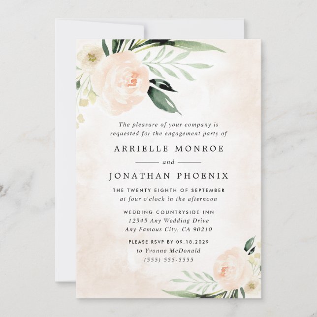 Blush Pink Floral Elegant Garden Engagement Party Invitation (Front)