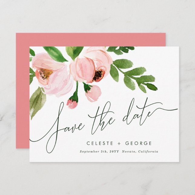 Blush pink floral elegant save the date announcement (Front/Back)