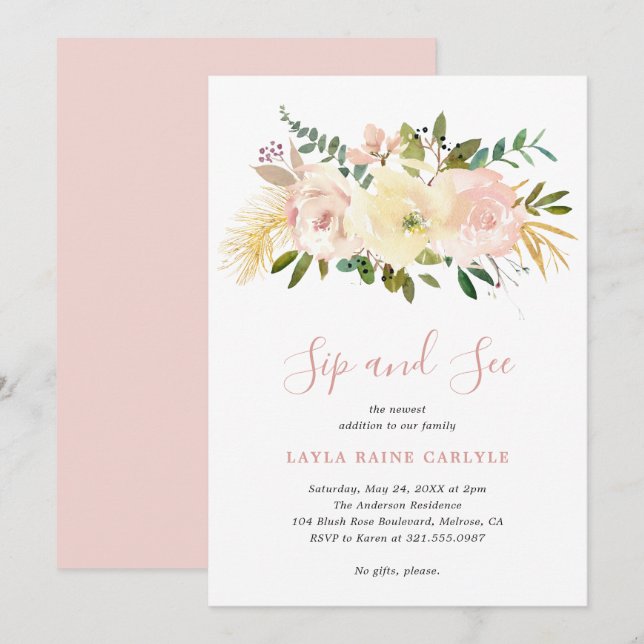 Blush Pink Floral Elegant Sip and See Invitation (Front/Back)