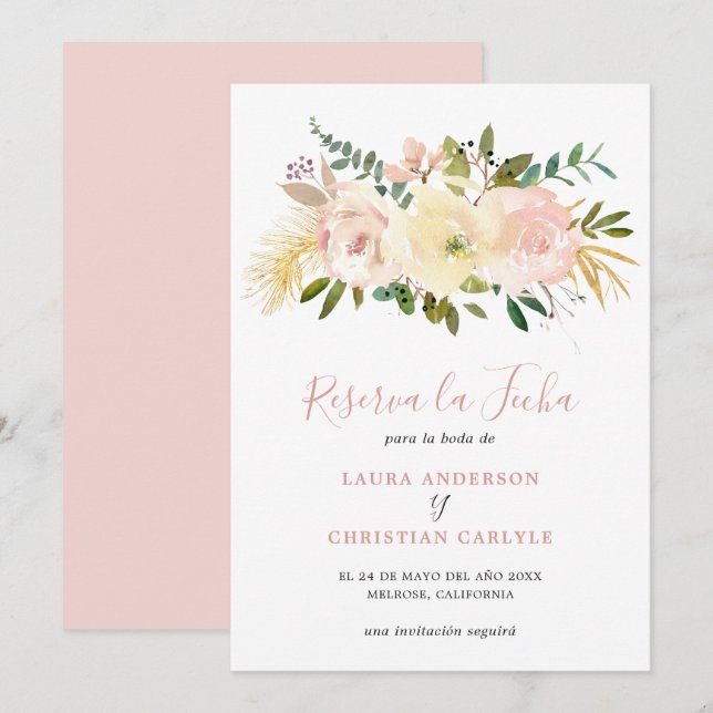 Blush Pink Floral Elegant Spanish Wedding Save The Date (Front/Back)
