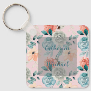 Blush Pink Floral Elegant Wedding Calligraphy Key Ring