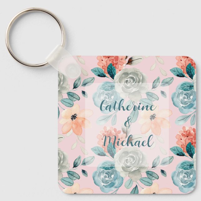 Blush Pink Floral Elegant Wedding Calligraphy  Key Ring (Front)