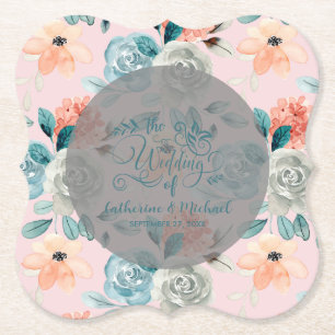 Blush Pink Floral Elegant Wedding Calligraphy Paper Coaster
