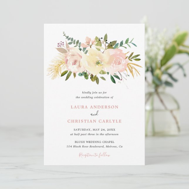 Blush Pink Floral Elegant Wedding Invitation (Standing Front)