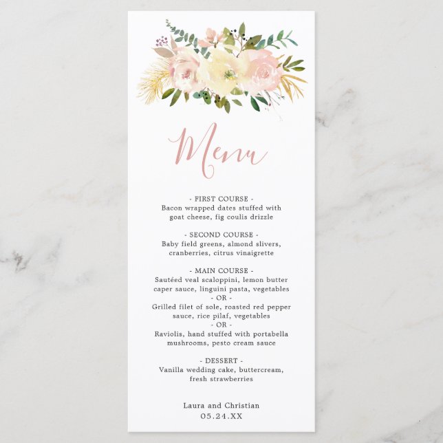 Blush Pink Floral Elegant Wedding Menu (Front)