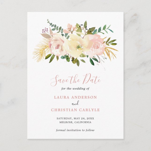 Blush Pink Floral Elegant Wedding Save the Date Announcement Postcard (Front)