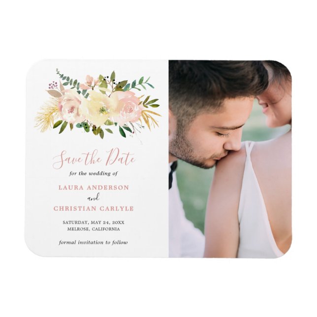 Blush Pink Floral Elegant Wedding Save the Date Magnet (Horizontal)