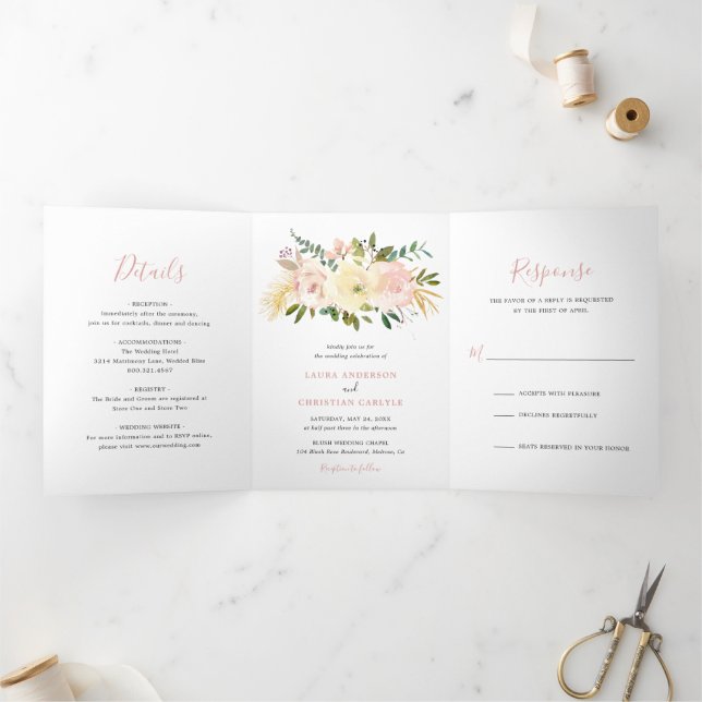 Blush Pink Floral Elegant Wedding Tri-Fold Invitation (Inside)