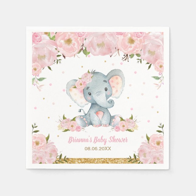 Blush Pink Floral Elephant Baby Shower Birthday  N Napkin (Front)