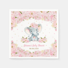 Blush Pink Floral Elephant Baby Shower Birthday Napkin