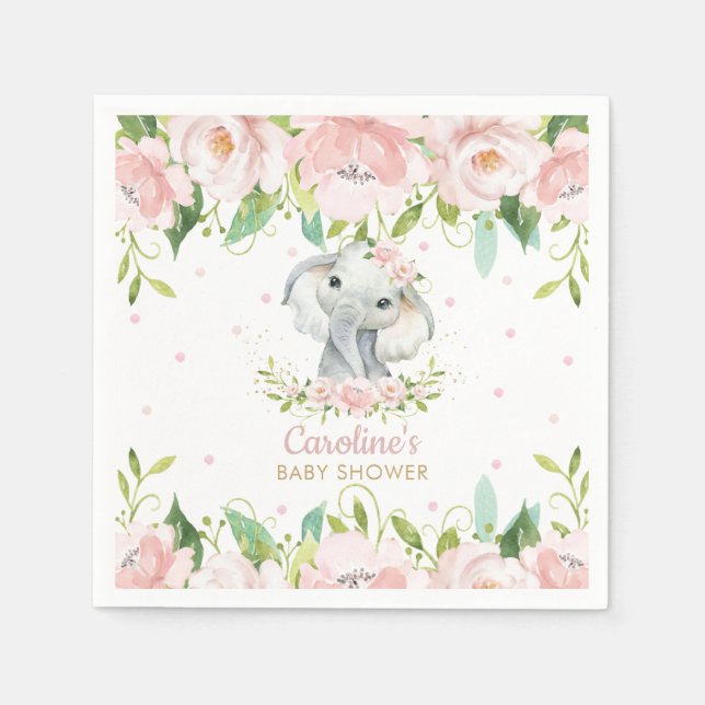 Blush Pink Floral Elephant Baby Shower Birthday Napkin (Front)