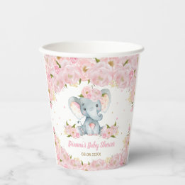 Blush Pink Floral Elephant Baby Shower Birthday Paper Cups