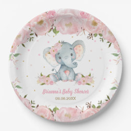 Blush Pink Floral Elephant Baby Shower Birthday Paper Plate