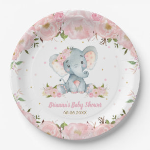 Blush Pink Floral Elephant Baby Shower Birthday Paper Plate