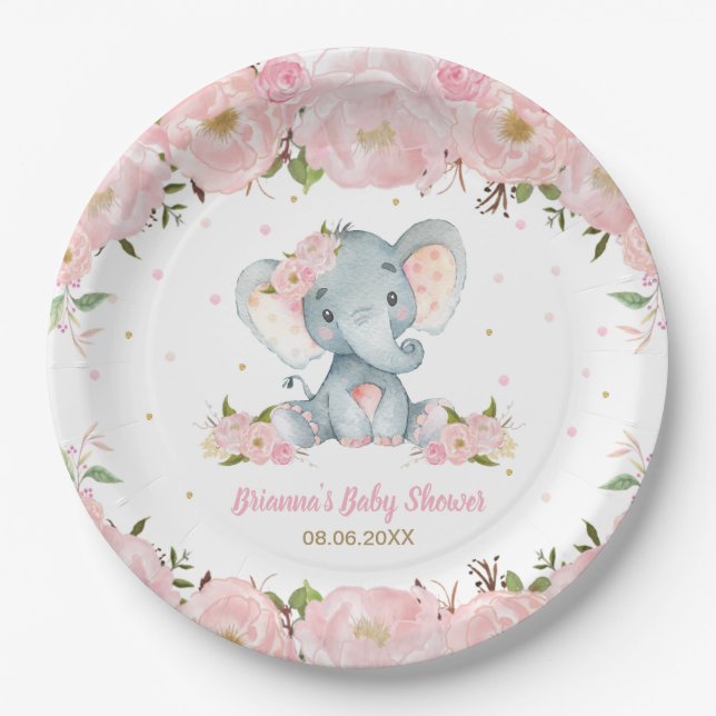 Blush Pink Floral Elephant Baby Shower Birthday Paper Plate (Front)