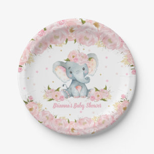 Blush Pink Floral Elephant Baby Shower Birthday Paper Plate