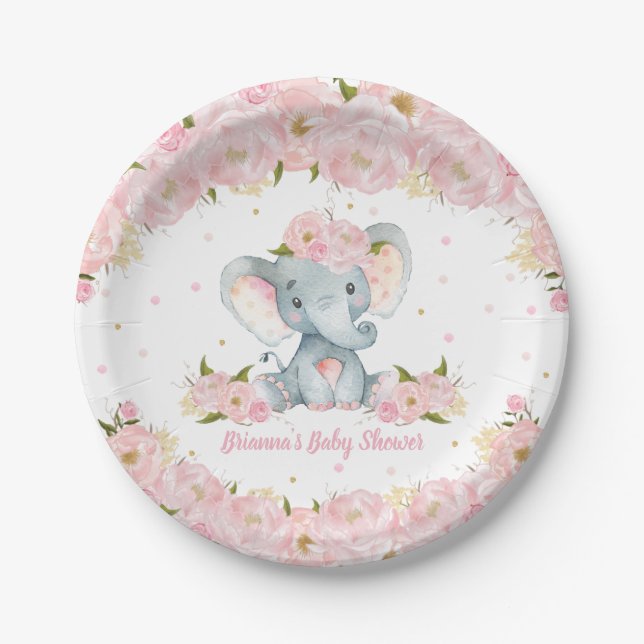 Blush Pink Floral Elephant Baby Shower Birthday Paper Plate (Front)