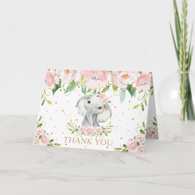 Blush Pink Floral Elephant Baby Shower Birthday Thank You Card (Front)