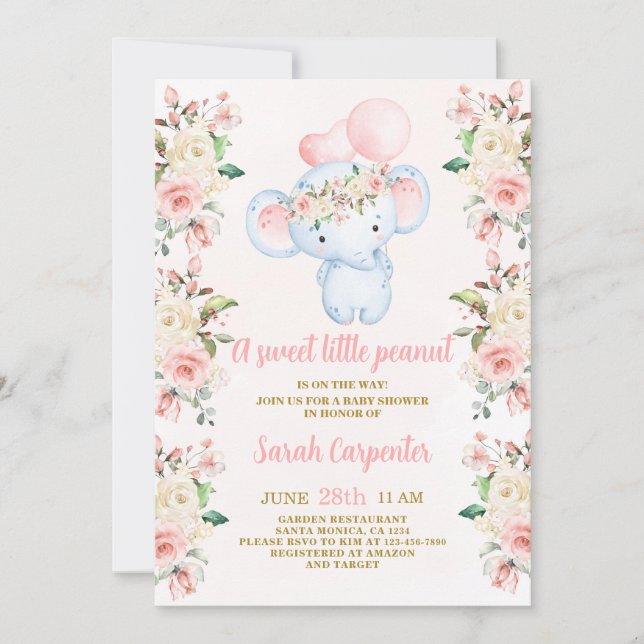 Blush Pink floral Elephant Baby Shower Girl Invitation (Front)