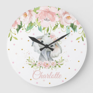 Blush Pink Floral Elephant Girl Nursery Large Clock