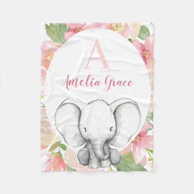 Blush Pink Floral Elephant Personalised Girl Fleece Blanket (Front)