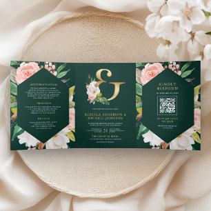 Blush Pink Floral Emerald Green QR Code Wedding Tri-Fold Invitation