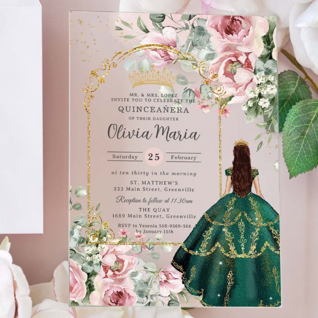 Blush Pink Floral Emerald Quinceañera Sweet 16 15 Acrylic Invitations (Creator Uploaded)